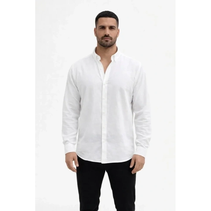 Erkek KETEN Kumaş Oversize Uzun Kollu Rahat Kalıp Gömlek - Beyaz