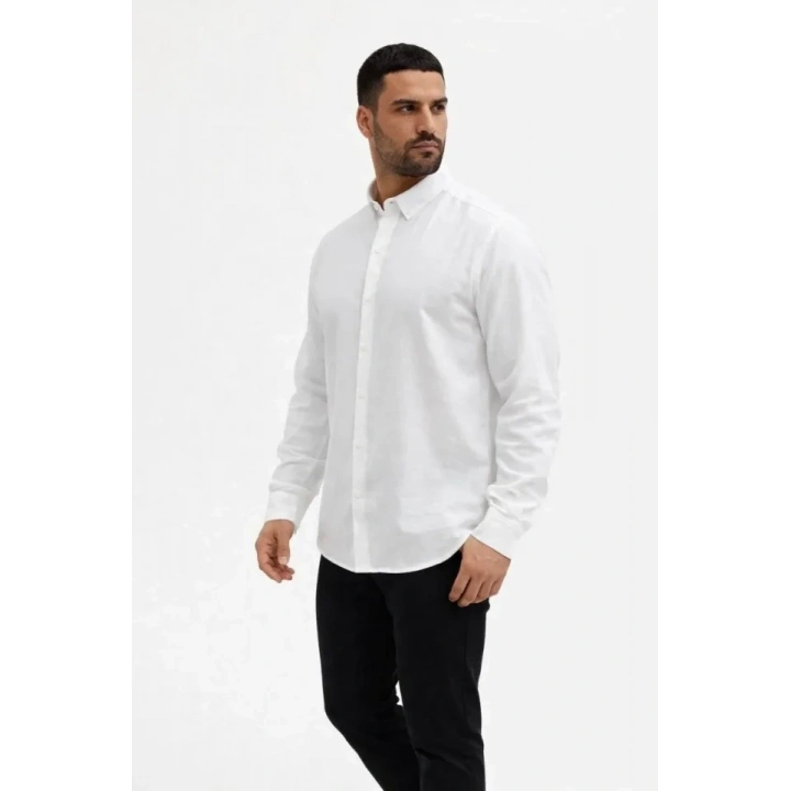 Erkek KETEN Kumaş Oversize Uzun Kollu Rahat Kalıp Gömlek - Beyaz