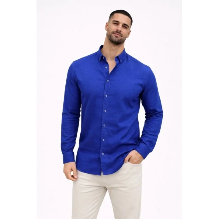 Erkek KETEN Kumaş Oversize Uzun Kollu Rahat Kalıp Gömlek - Saks Mavisi