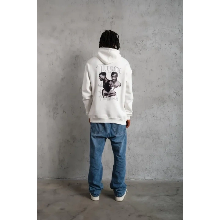 Erkek Kol Ve Etek Ribana Baskılı Kapüşonlu Sweat - Beyaz