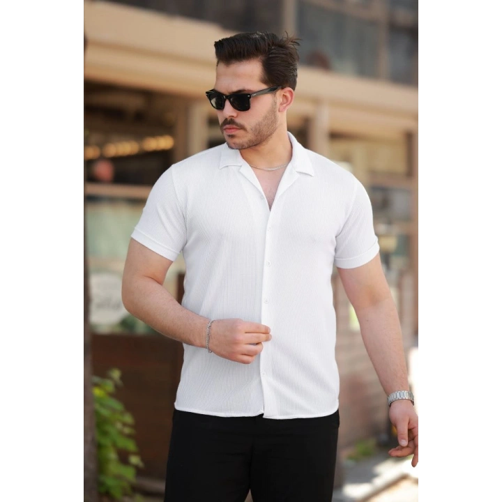 Erkek Ottoman Kumaş Apaj Yaka Kısa Kollu Gömlek