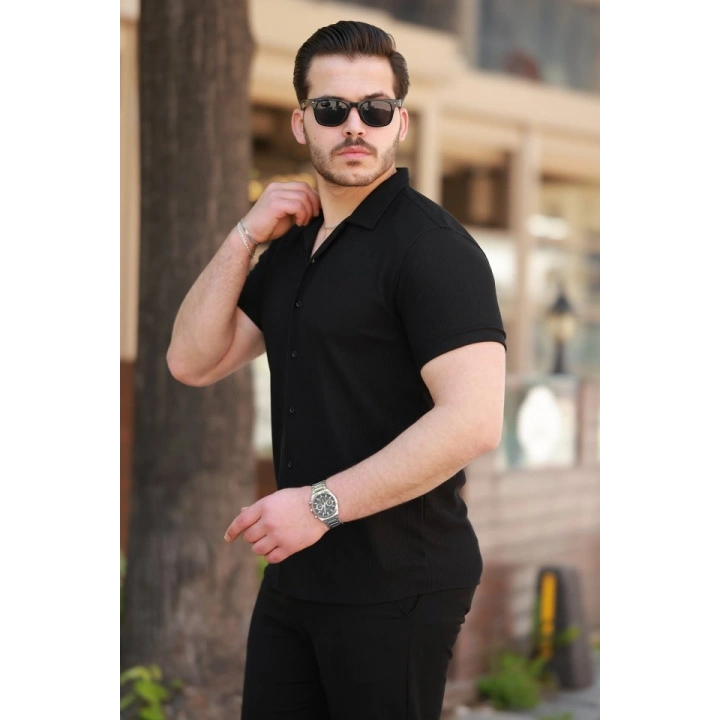 Erkek Ottoman Kumaş Apaj Yaka Kısa Kollu Gömlek
