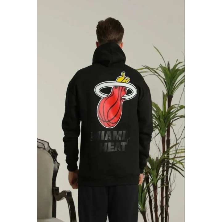 Erkek Oversize Üç İplik Kapüşonlu Sweatshirt –Sırt Ve Ön Baskılı, Kanguru Cepli, Rahat Kalıp Maskot Desenli Model - Siyah