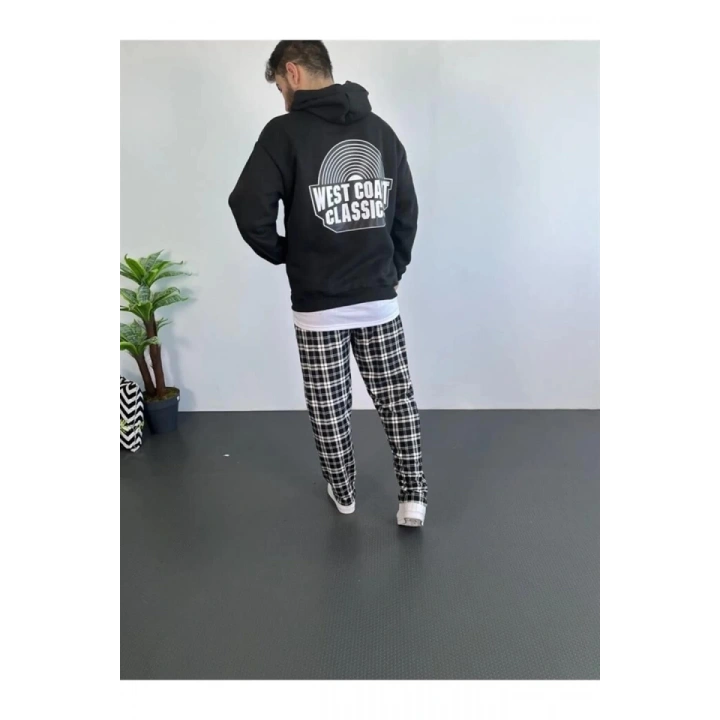 Erkek Oversize Üç İplik Kapüşonlu Sweatshirt – Siyah Sırt Ve Ön Baskılı, Kanguru Cepli, Rahat Kalıp, İçi Pamuklu ModeL-Siyah