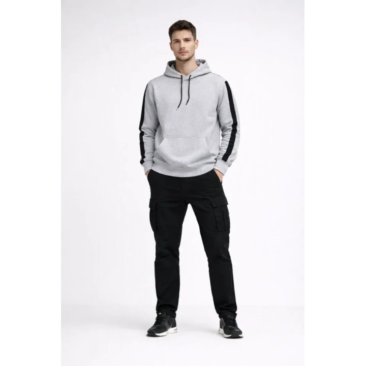 Erkek Şeritli Kapüşonlu Sweatshirt Oversize 3 Iplik Pamuklu - Beyaz