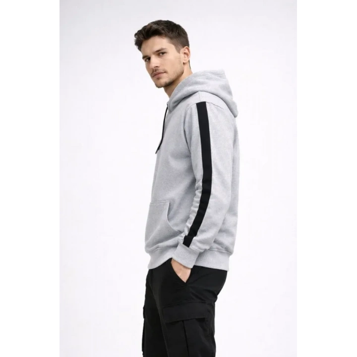 Erkek Şeritli Kapüşonlu Sweatshirt Oversize 3 Iplik Pamuklu - Beyaz