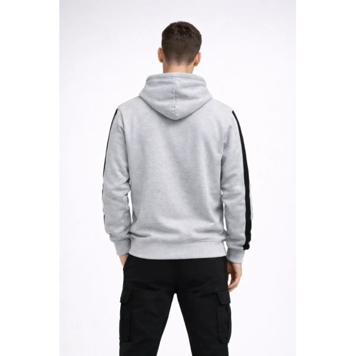 Erkek Şeritli Kapüşonlu Sweatshirt Oversize 3 Iplik Pamuklu - Beyaz