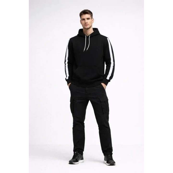 Erkek Şeritli Kapüşonlu Sweatshirt Oversize 3 Iplik Pamuklu - Siyah