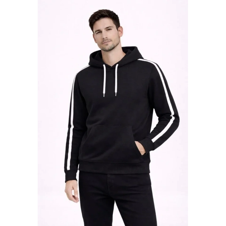 Erkek Şeritli Kapüşonlu Sweatshirt Oversize 3 Iplik Pamuklu - Siyah