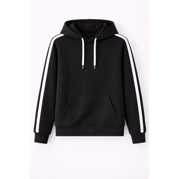 Erkek Şeritli Kapüşonlu Sweatshirt Oversize 3 Iplik Pamuklu - Siyah