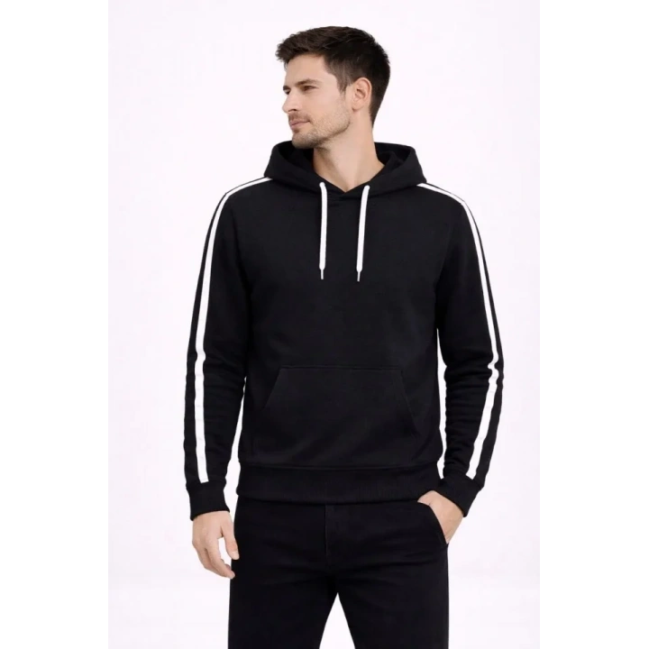 Erkek Şeritli Kapüşonlu Sweatshirt Oversize 3 Iplik Pamuklu - Siyah