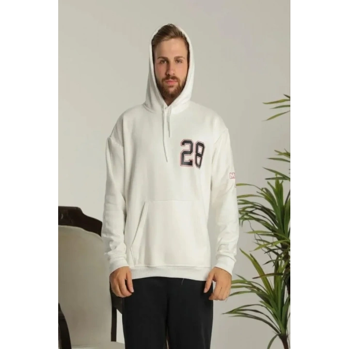 Erkek Sırt Baskılı Oversize Üç İplik Kapüşonlu Sweatshirt - Beyaz