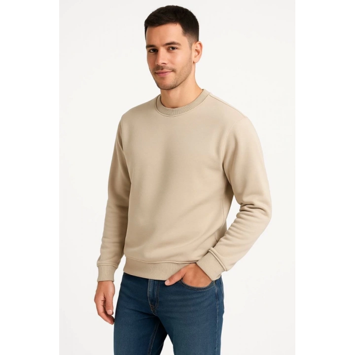 Erkek Üç İplik Düz Bisiklet Yaka SweatShirt - Bej