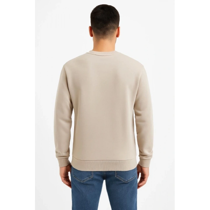 Erkek Üç İplik Düz Bisiklet Yaka SweatShirt - Bej