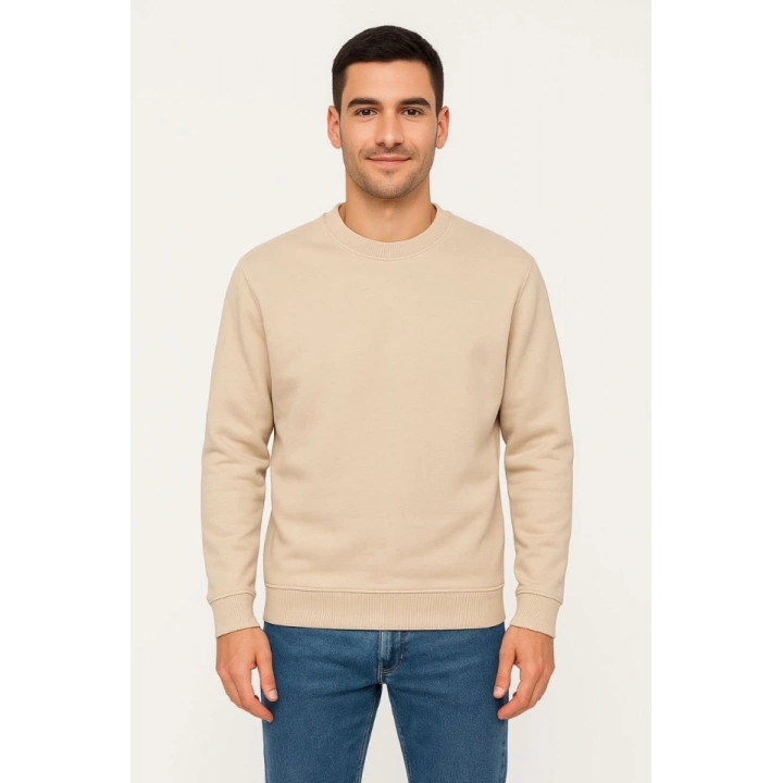 Erkek Üç İplik Düz Bisiklet Yaka SweatShirt - Bej