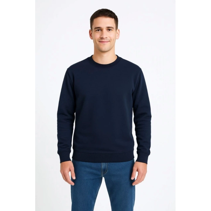 Erkek Üç İplik Düz Bisiklet Yaka SweatShirt - Lacivert