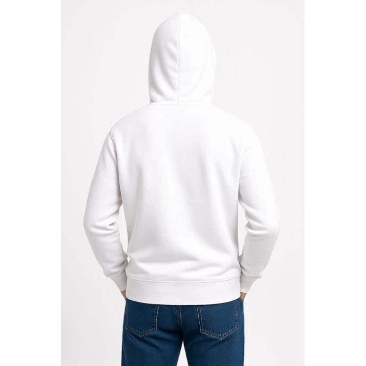 Erkek Üç İplik Kapüşonlu Kanguru Cepli SweatShirt Hoodie - Beyaz