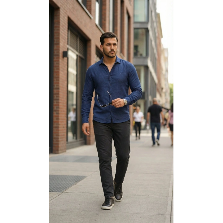 Erkek Uzun Kollu Keten Gömlek