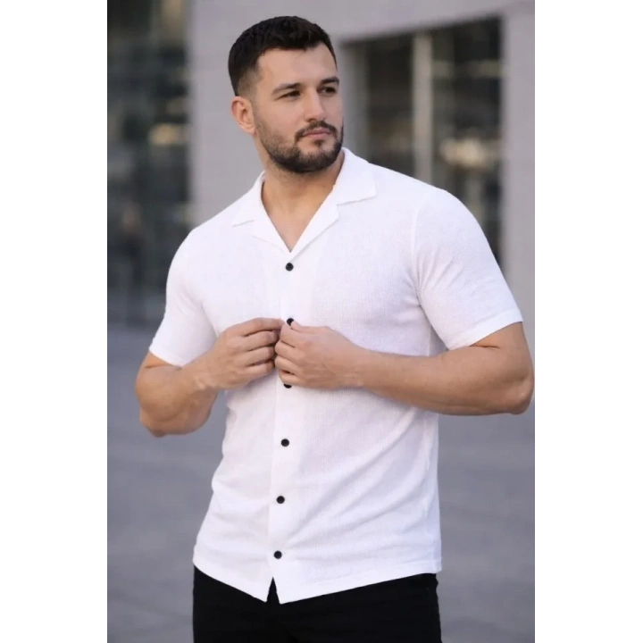 Erkek Waffle Dokuma Açık Yakalı Düğmeli Regular Kalıp 2’li Gömlek Seti - Beyaz - Gri