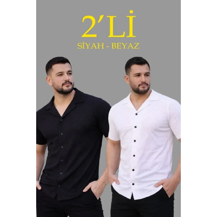 Erkek Waffle Dokuma Açık Yakalı Düğmeli Regular Kalıp 2’li Gömlek Seti - Siyah - Beyaz