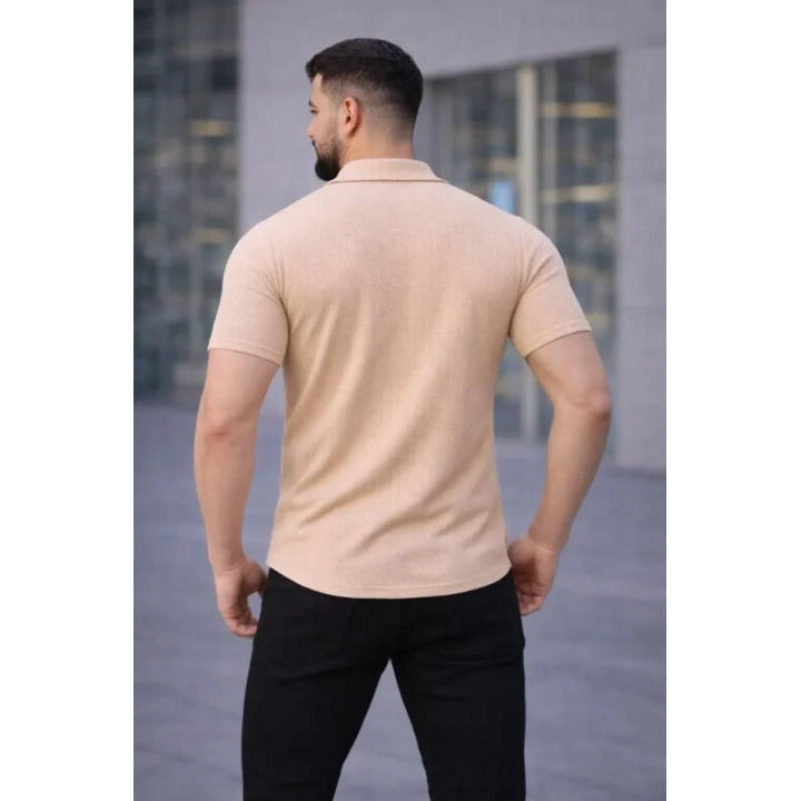 Erkek Waffle Kumaş Kısa Kollu Düğmeli Açık Yaka Regular Fit Gömlek - Bej