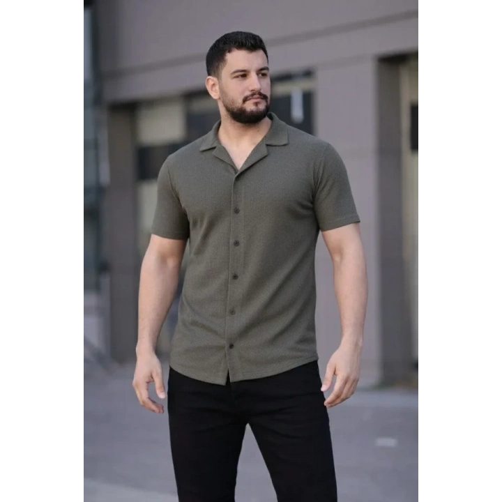 Erkek Waffle Kumaş Kısa Kollu Düğmeli Açık Yaka Regular Fit Gömlek - Haki