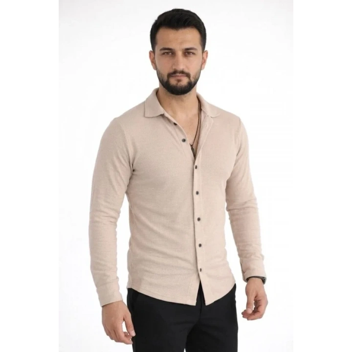 Erkek Waffle Kumaş Uzun Kollu Düğmeli Açık Yaka Regular Fit Gömlek - Bej