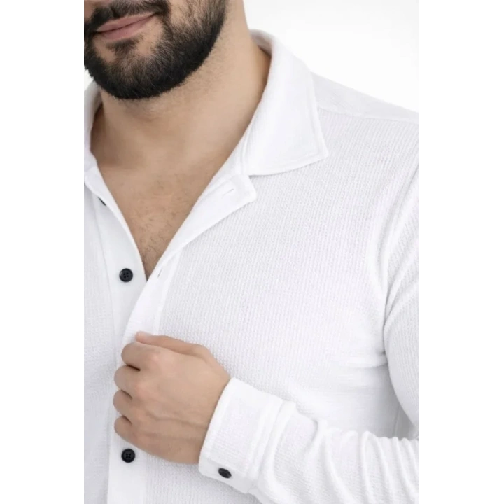 Erkek Waffle Kumaş Uzun Kollu Düğmeli Açık Yaka Regular Fit Gömlek - Beyaz