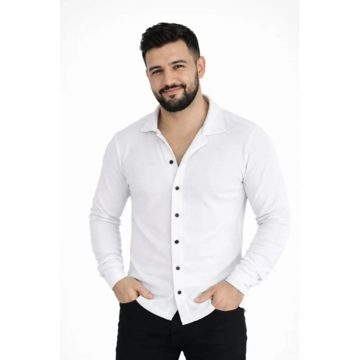 Erkek Waffle Kumaş Uzun Kollu Düğmeli Açık Yaka Regular Fit Gömlek - Beyaz