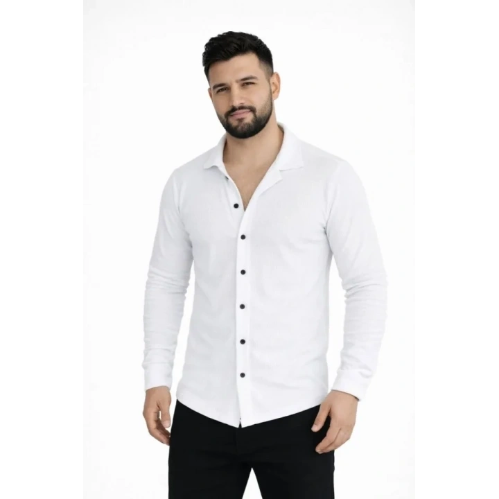 Erkek Waffle Kumaş Uzun Kollu Düğmeli Açık Yaka Regular Fit Gömlek - Beyaz