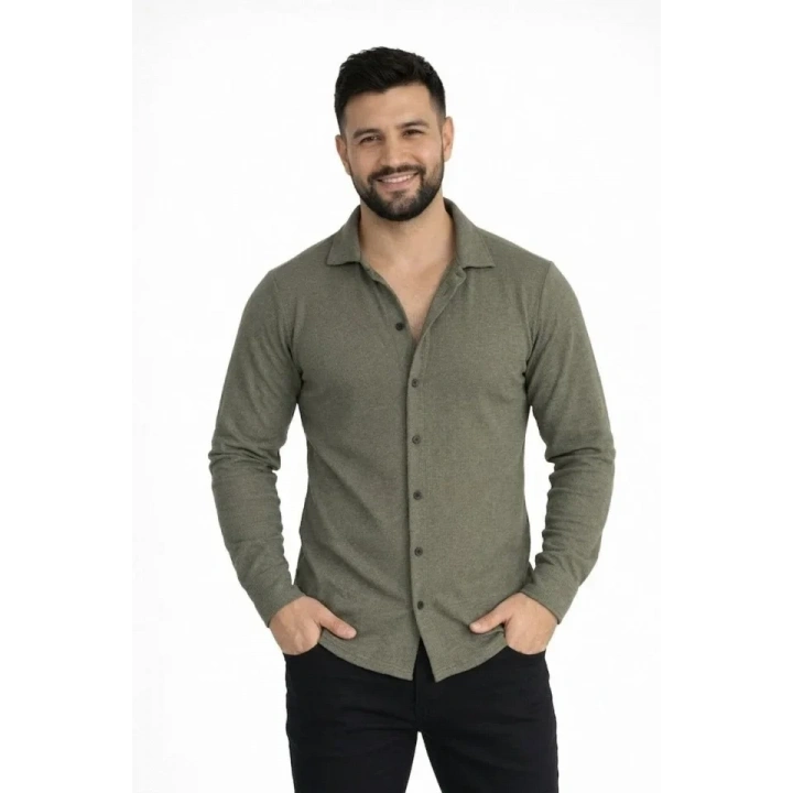Erkek Waffle Kumaş Uzun Kollu Düğmeli Açık Yaka Regular Fit Gömlek - Haki