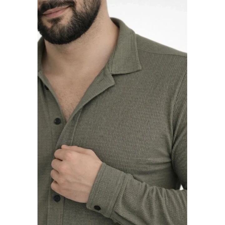Erkek Waffle Kumaş Uzun Kollu Düğmeli Açık Yaka Regular Fit Gömlek - Haki