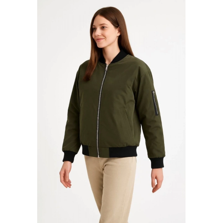 Içi Astarlı Fermuarlı Bomber Mont Ceket - Haki