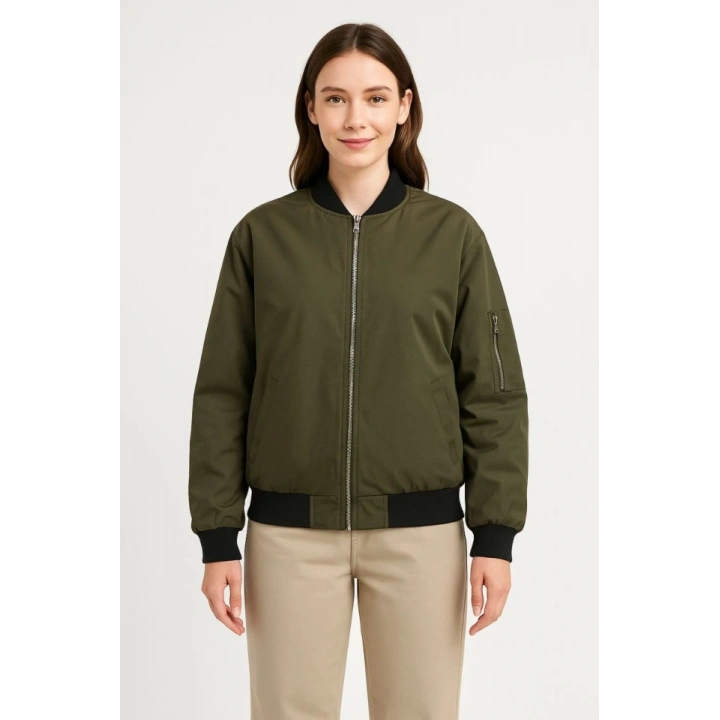 Içi Astarlı Fermuarlı Bomber Mont Ceket - Haki