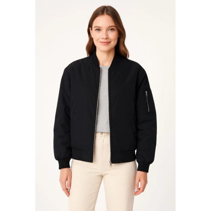 Içi Astarlı Fermuarlı Bomber Mont Ceket - Siyah