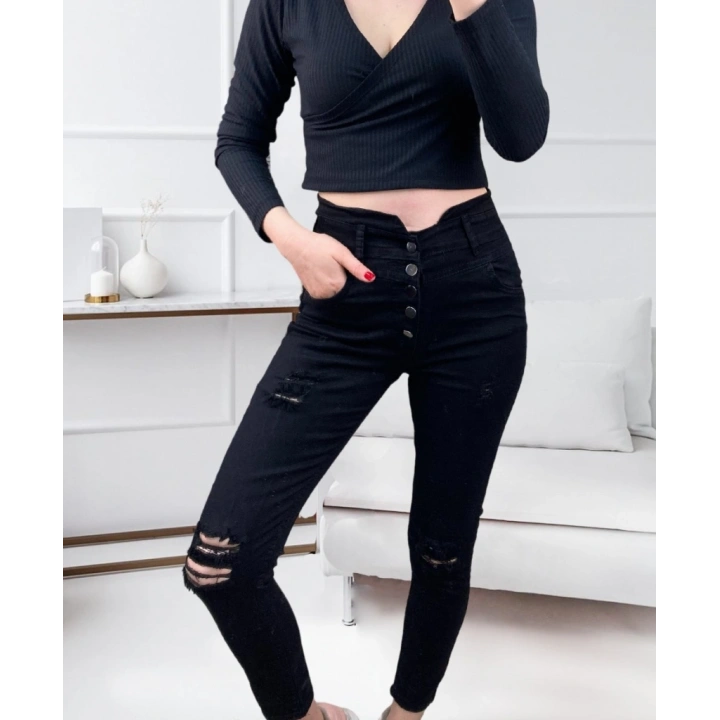 Kadın 5 Düğmeli V Detay Bel Yırtık Kot