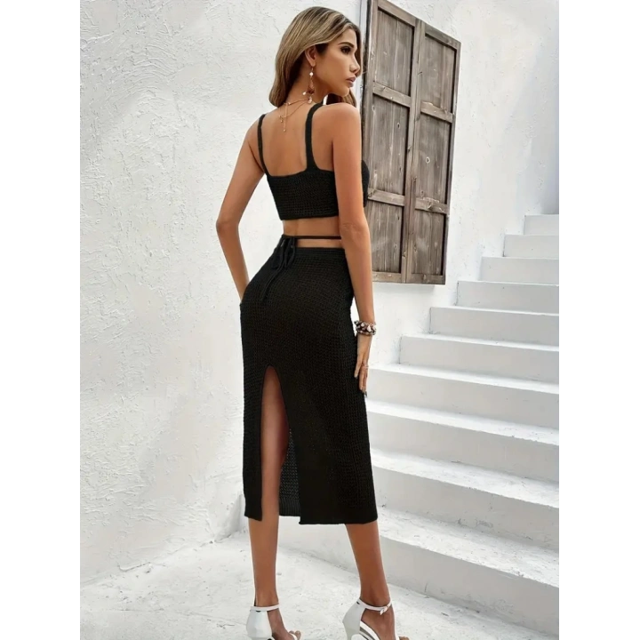 Kadın Askılı Crop Bel Detaylı Derin Yırtmaçlı Etek Triko Ikili Takım