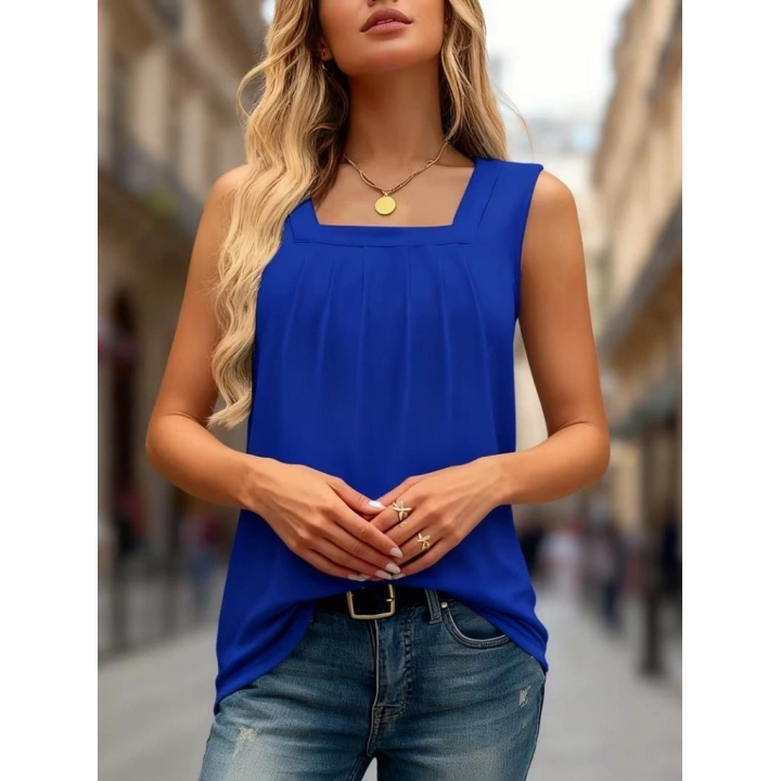 Kadın Askılı Geometrik Yaka Detaylı Pileli Viskon Bluz
