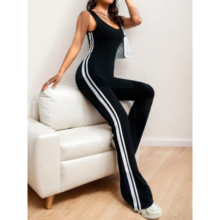 Kadın Askılı Kare Yakalı Yandan şeritli Uzun Dalgıç Tulum