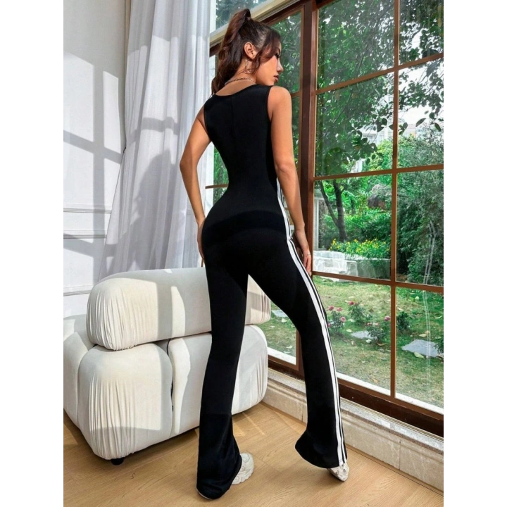 Kadın Askılı Kare Yakalı Yandan şeritli Uzun Dalgıç Tulum