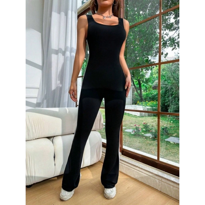 Kadın Askılı Kare Yakalı Yandan şeritli Uzun Dalgıç Tulum