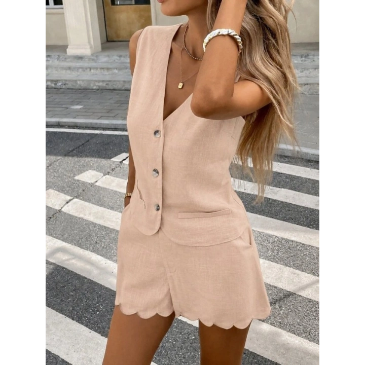 Kadın Askılı V Yakalı önden Düğmelı Bluz Ve Short Ikli Takım
