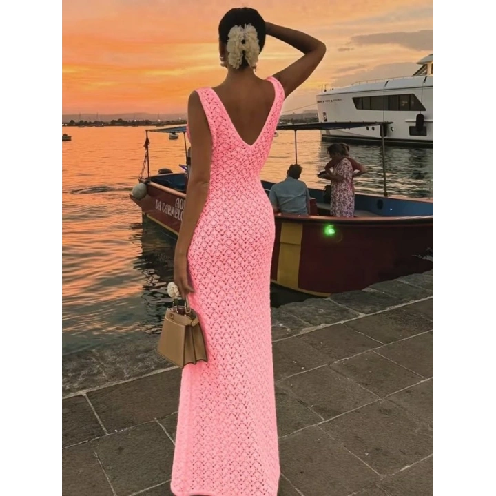 Kadın Askılı V Yakalı Uzun Triko Elbise