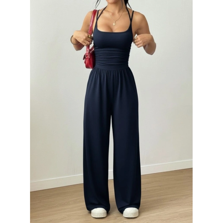 Kadın Askılı Yuvarlak Yaka Uzun Viskon Tulum