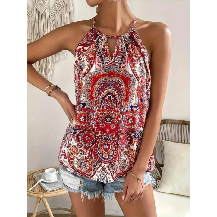 Kadın Halter Kollu Damla Detaylı Desenli Süprem Bluz