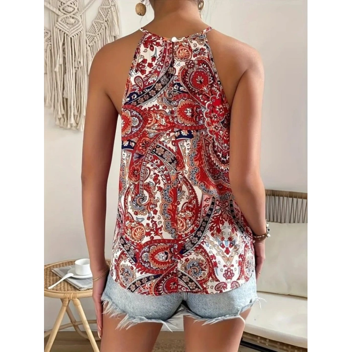 Kadın Halter Kollu Damla Detaylı Desenli Süprem Bluz