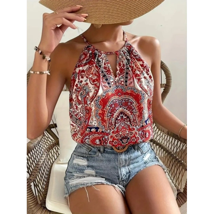Kadın Halter Kollu Damla Detaylı Desenli Süprem Bluz