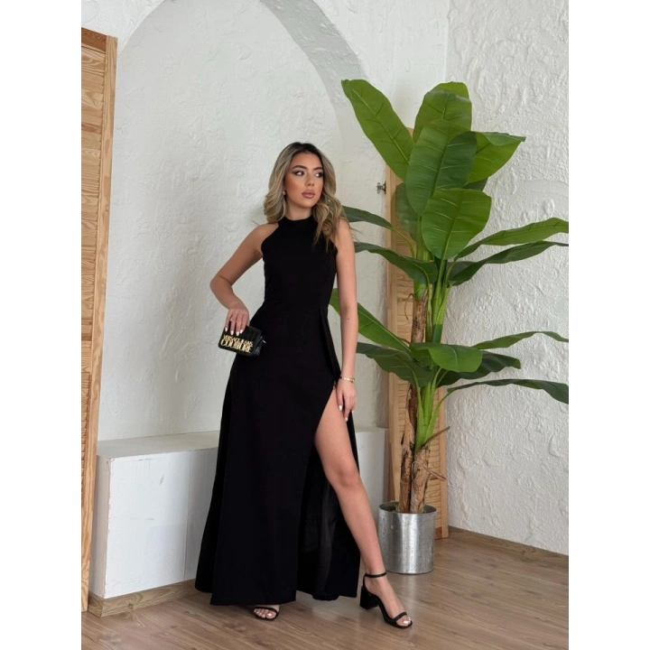 Kadın Halter Yaka Derin Yırtmaç Detaylı Tam Boy Ithal Krep Abiye Elbise