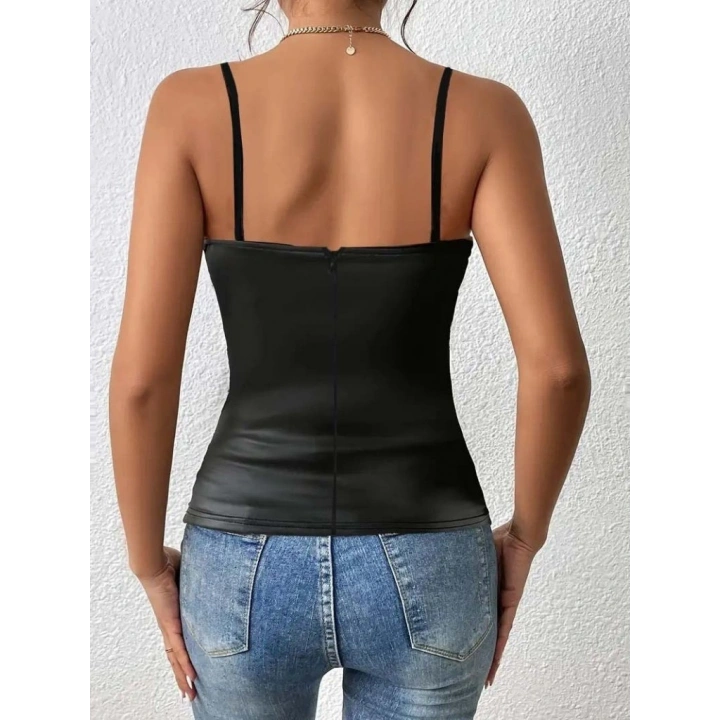 Kadın Ip Askılı Geniş V Yakalı Deri Bluz