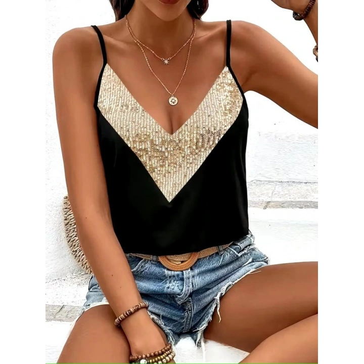 Kadın Ip Askılı V Yakalı Pulpayet Detaylı Sandy Bluz